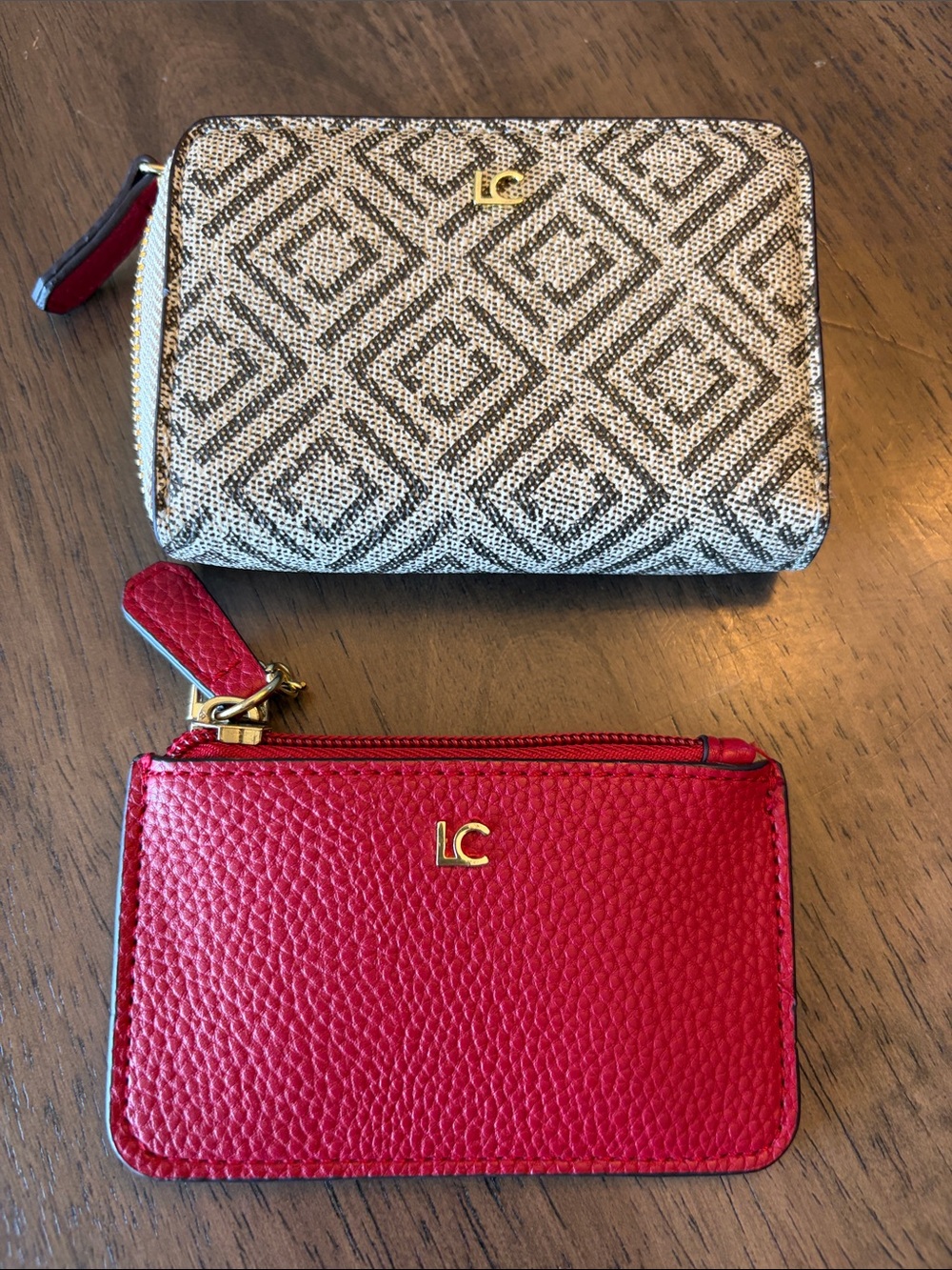 Liz Claiborne Red Pebbled Leather Zip Coin Pouch with Patterned Wallet